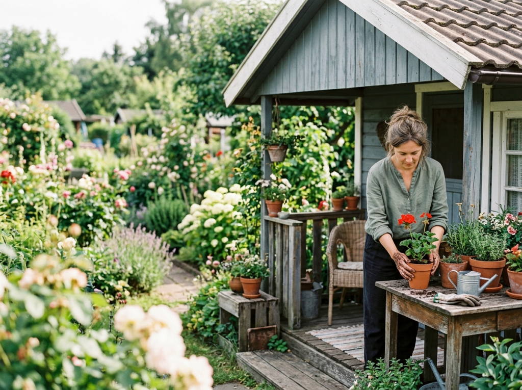 Osoba aranżująca rośliny na werandzie uroczych domków działkowych, otoczonych zielenią.