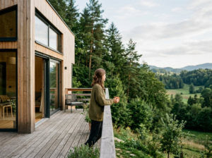 Osoba podziwiająca krajobraz z tarasu eleganckiego, nowoczesnego gotowego domu drewnianego.