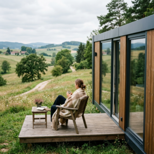 Osoba relaksująca się na tarasie nowoczesnego domu kontenerowego całorocznego, podziwiająca naturę.
