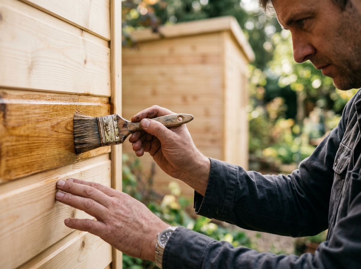 Osoba starannie impregnująca drewniane deski nowo zbudowanego domku działkowego, zapewniając jego trwałość.