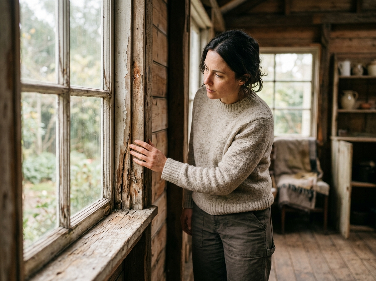 Osoba uważnie oceniająca wnętrze starego domku z drewna na działce przed remontem.