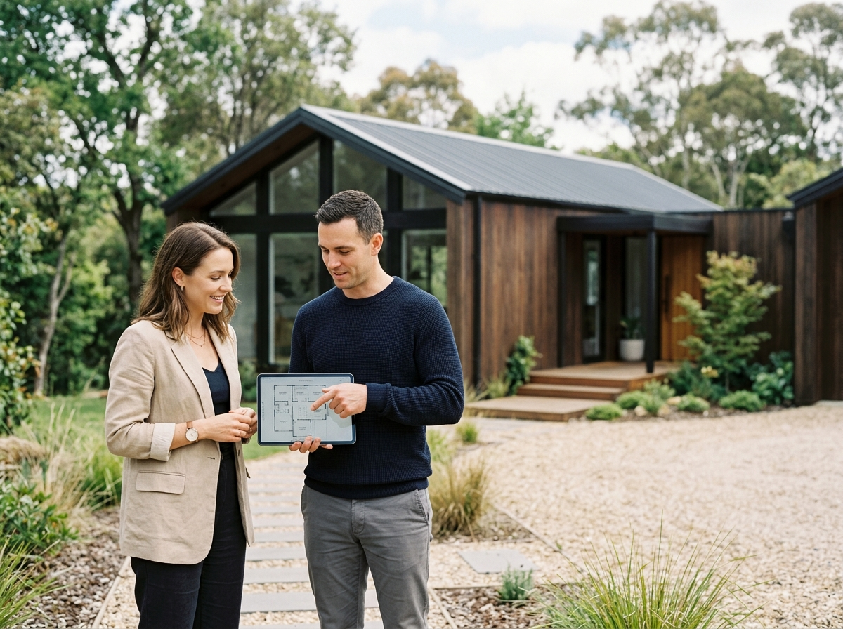 Para inwestorów omawia plany domu na tablecie przed nowoczesnymi domami prefabrykowanymi pod klucz.