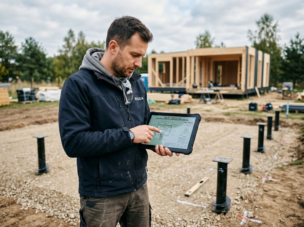 Profesjonalista sprawdza plany na tablecie na placu budowy pod dom do samodzielnego montażu, widoczne fundamenty.