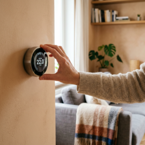 Ręka delikatnie regulująca nowoczesny termostat w ciepłym, przytulnym salonie, symbolizującym komfortowe źródła ciepła.