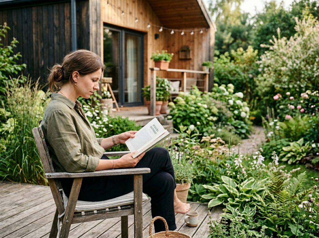Spokojna chwila relaksu z książką na drewnianym tarasie przy nowoczesnym domu na działce.